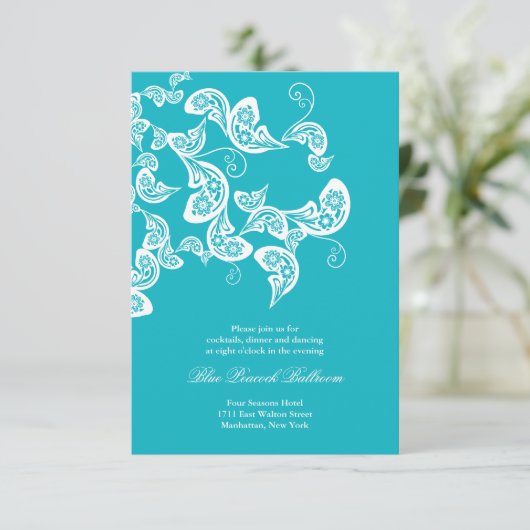Turquoise Paisley Peacock Chic Wedding Reception Informatiekaartje (Staand voorkant)