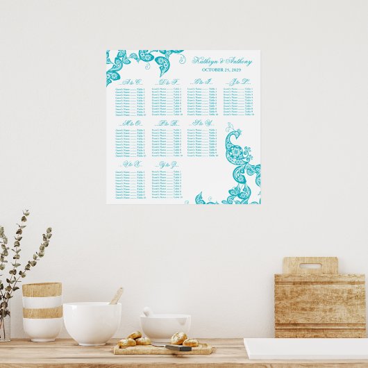 Turquoise Paisley Peacock Wedding Seding Chart Poster (Keuken)
