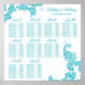 Turquoise Paisley Peacock Wedding Seding Chart Poster (Voorkant)