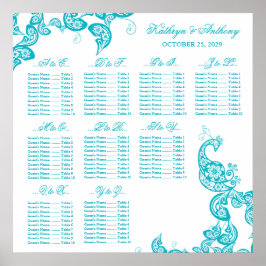 Turquoise Paisley Peacock Wedding Seding Chart Poster