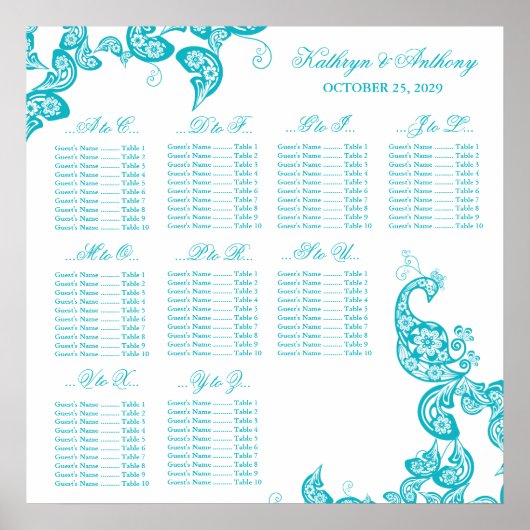 Turquoise Paisley Peacock Wedding Seding Chart Poster (Voorkant)