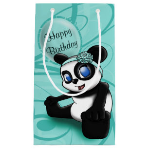 Turquoise Panda Birthday Gift Bag - Small, Glossy Klein Cadeauzakje