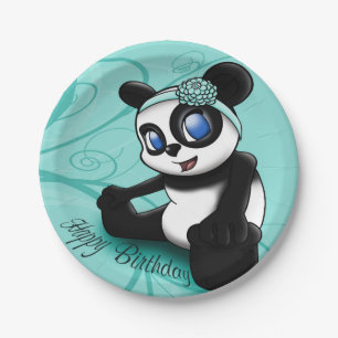 Turquoise Panda Floral Birthday Paper Borden Papieren Bordje