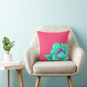 Turquoise papaver Waterverf op Fuchsia Kussen