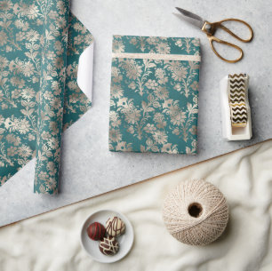 Turquoise Parel Champagne Bloemen Cadeaupapier