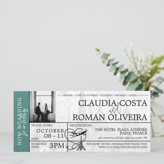 turquoise parijs bruiloft boarding pass uitnodigin (Staand voorkant)