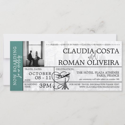 turquoise parijs bruiloft boarding pass uitnodigin (Voorkant)