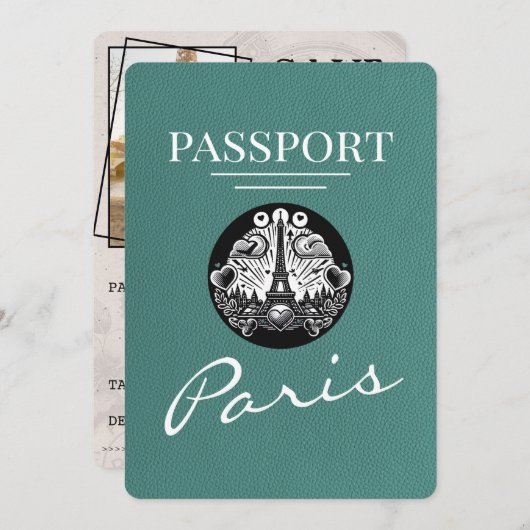 Turquoise Paris Passport Bewaar de datum Save The Date (Voorkant / Achterkant)