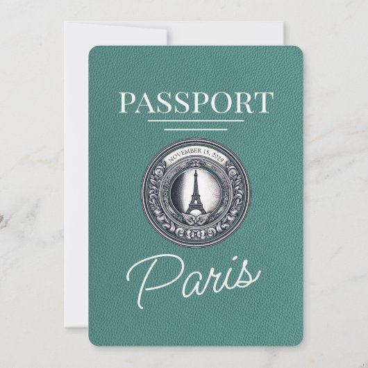 Turquoise Paris Passport Bruiloft Kaart (Achterkant)