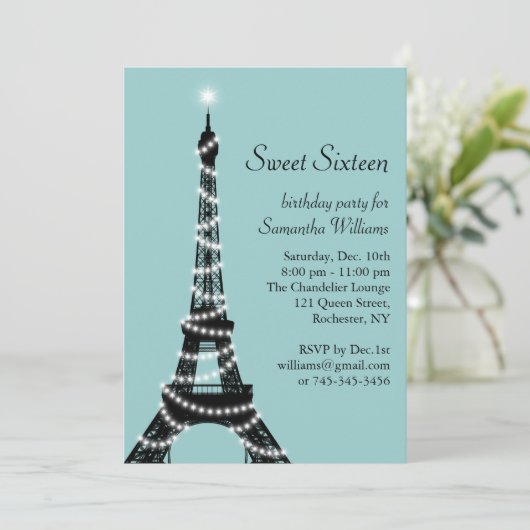 Turquoise Parisian Sweet 16 Uitnodiging (Staand voorkant)