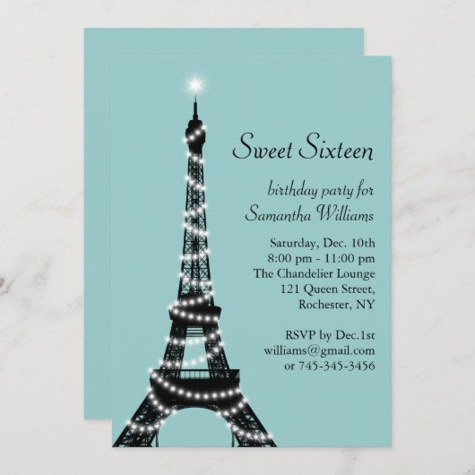 Turquoise Parisian Sweet 16 Uitnodiging (Voorkant / Achterkant)