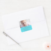Turquoise Pasgeboren Baby Foto Geboorte Aankondigi Vierkante Sticker (Envelop)
