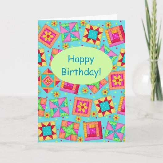 Turquoise Patchwork Quilt Block Art Happy Birthday Kaart (Voorkant)