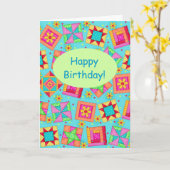 Turquoise Patchwork Quilt Block Art Happy Birthday Kaart (Gele Bloem)