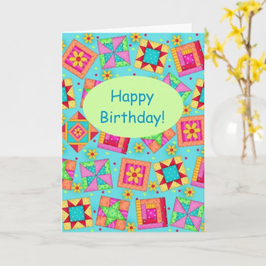 Turquoise Patchwork Quilt Block Art Happy Birthday Kaart (Gele Bloem)