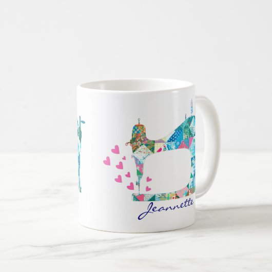 Turquoise Patchwork Quilt naaimachine Koffiemok (Voorkant rechts)