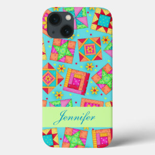 Turquoise Patchwork Quiltblok Art Custom iPhone 13 Hoesje