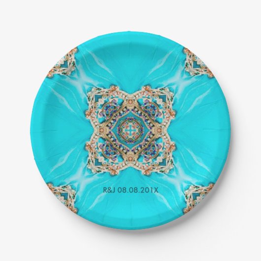  turquoise patroon bohemian bruiloft gunst papieren bordje (Voorkant)