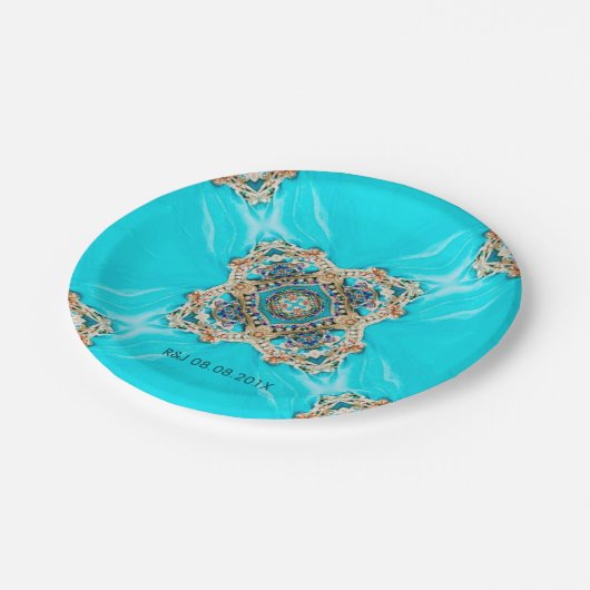turquoise patroon bohemian bruiloft gunst papieren bordje (Gekanteld)