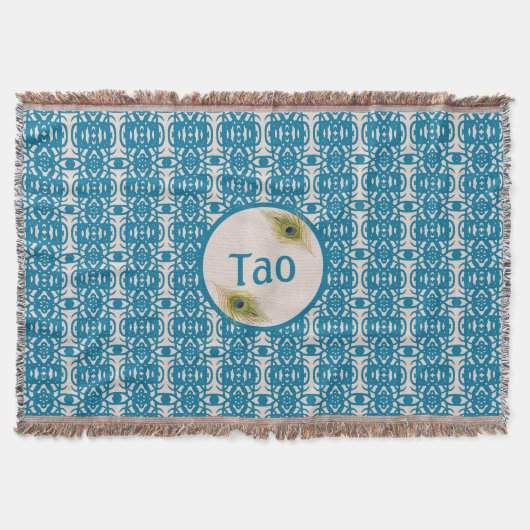 Turquoise-patroon & pauock-veren op beige Tao Deken (Voorkant)