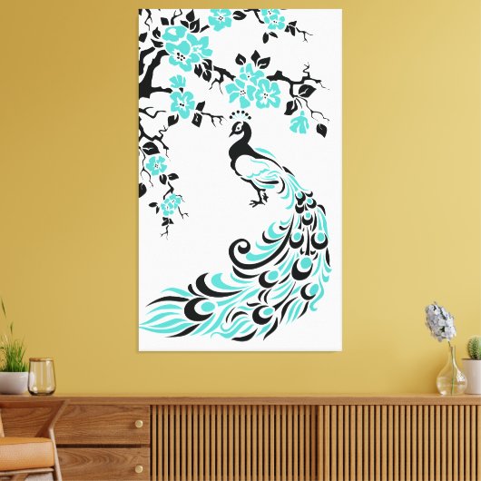 Turquoise pauw en kersenbloesems op maat canvas afdruk (Insitu (Woonkamer))