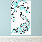 Turquoise pauw en kersenbloesems op maat canvas afdruk (Insitu (Houten vloer))