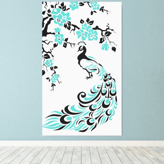 Turquoise pauw en kersenbloesems op maat canvas afdruk (Insitu (Houten vloer))