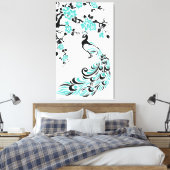 Turquoise pauw en kersenbloesems op maat canvas afdruk (Insitu (Slaapkamer))