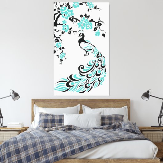 Turquoise pauw en kersenbloesems op maat canvas afdruk (Insitu (Slaapkamer))