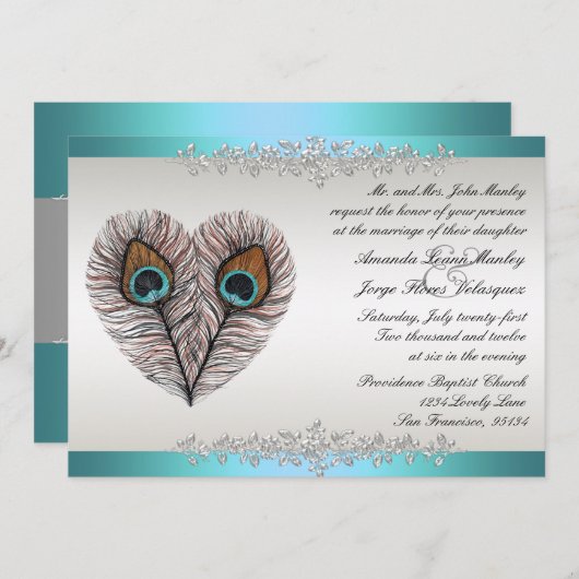 Turquoise Pauw Huwelijksuitnodiging Kaart (Voorkant / Achterkant)