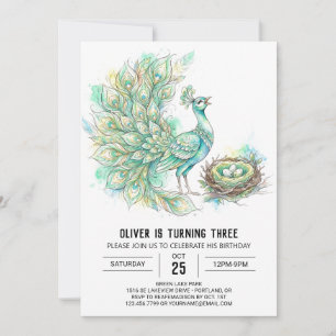 Turquoise Pauw Waterverf Verjaardag Kaart