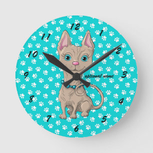 Turquoise Paw Print Sphynx Cat Wall Clock Ronde Klok