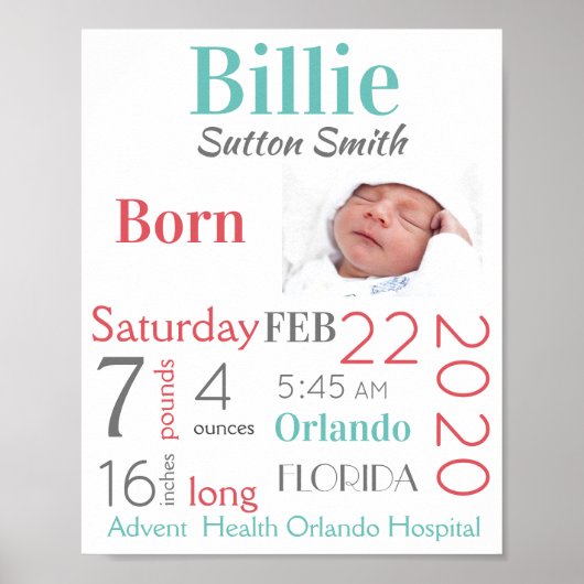 Turquoise & Peach Baby Birth Stats Gender Neutral Poster (Voorkant)