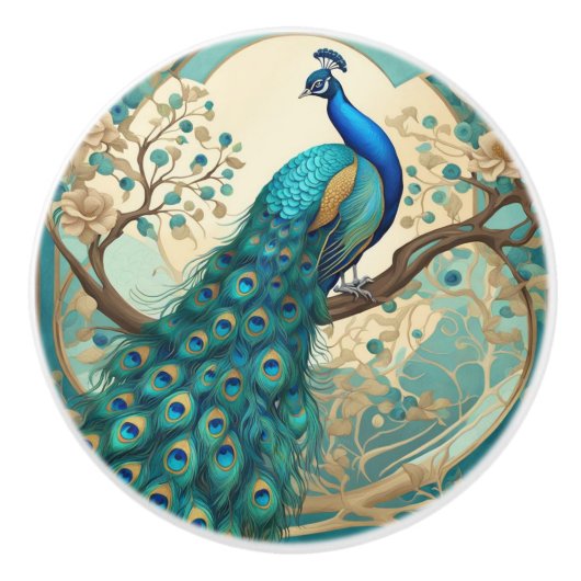 Turquoise Peacock Bird Art Nouveau Art Deco Keramische Knop (Voorkant)