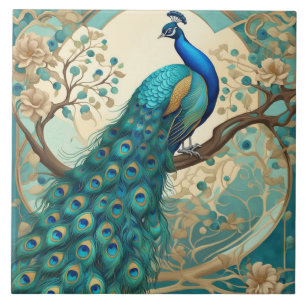 Turquoise Peacock Bird Art Nouveau Art Deco Tegeltje