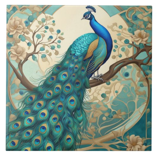Turquoise Peacock Bird Art Nouveau Art Deco Tegeltje (Voorkant)