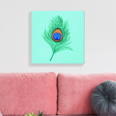 Turquoise Peacock Feather on Light Aqua Canvas Afdruk (Insitu (Woonkamer))