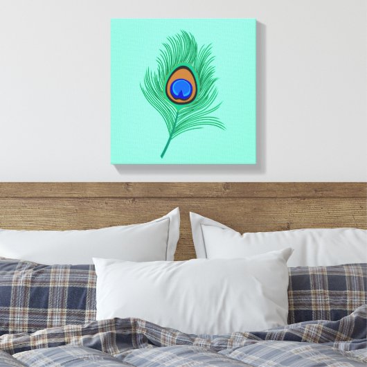 Turquoise Peacock Feather on Light Aqua Canvas Afdruk (Insitu (Slaapkamer))