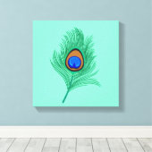 Turquoise Peacock Feather on Light Aqua Canvas Afdruk (Insitu (Houten vloer))