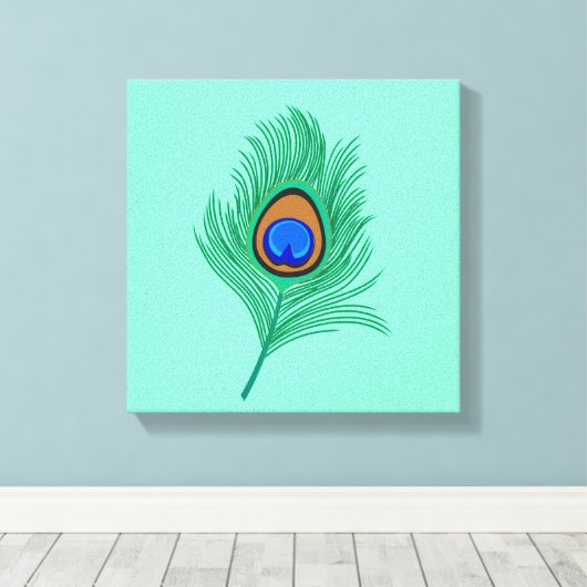 Turquoise Peacock Feather on Light Aqua Canvas Afdruk (Insitu (Houten vloer))