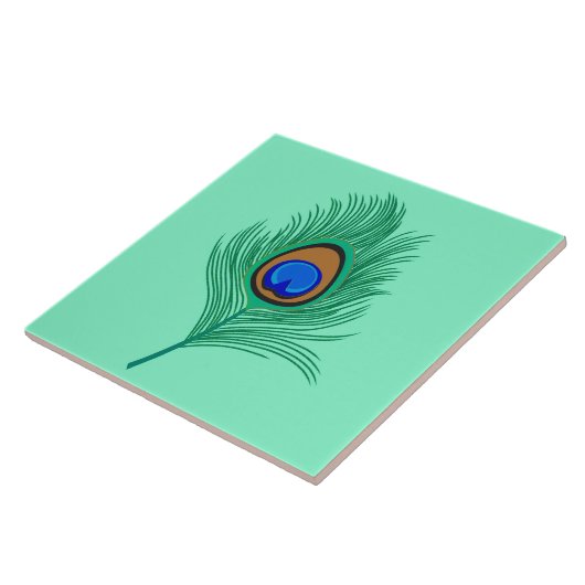 Turquoise Peacock Feather on Light Aqua Tegeltje (Zijkant)