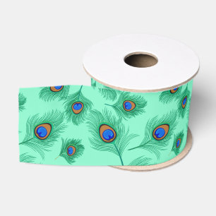 Turquoise Peacock Feathers on Light Aqua Grosgrain Lint