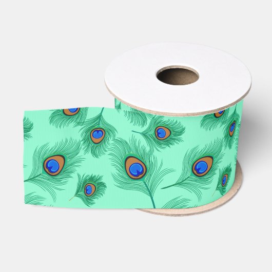 Turquoise Peacock Feathers on Light Aqua Grosgrain Lint (Spoel)