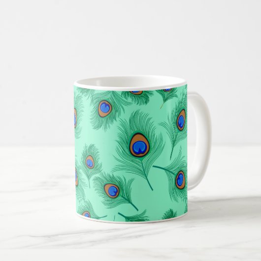 Turquoise Peacock Feathers on Light Aqua Koffiemok (Voorkant rechts)