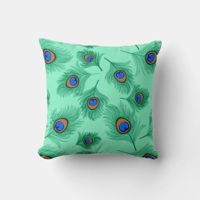Turquoise Peacock Feathers on Light Aqua Kussen (Voorkant)