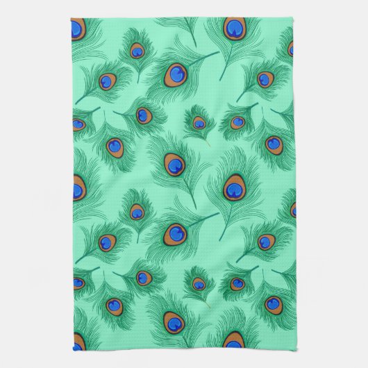 Turquoise Peacock Feathers on Light Aqua Theedoek (Verticaal)