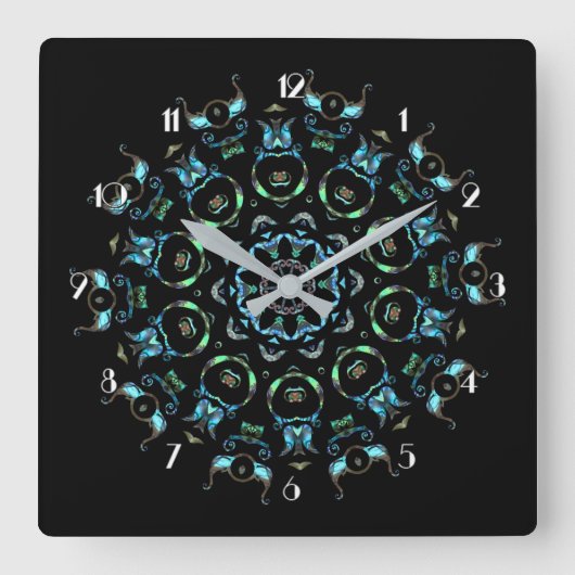 Turquoise Pearl Mandala Square Wall klok (Voorkant)