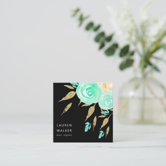 Turquoise Peonies faux goudglitter Visitekaartje (Staand voorkant)