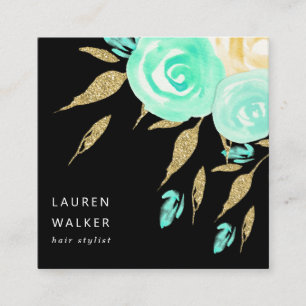 Turquoise Peonies faux goudglitter Visitekaartje