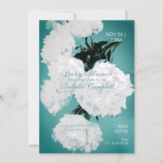 Turquoise Peonies Flowers Elegant Baby shower Kaart (Voorkant)